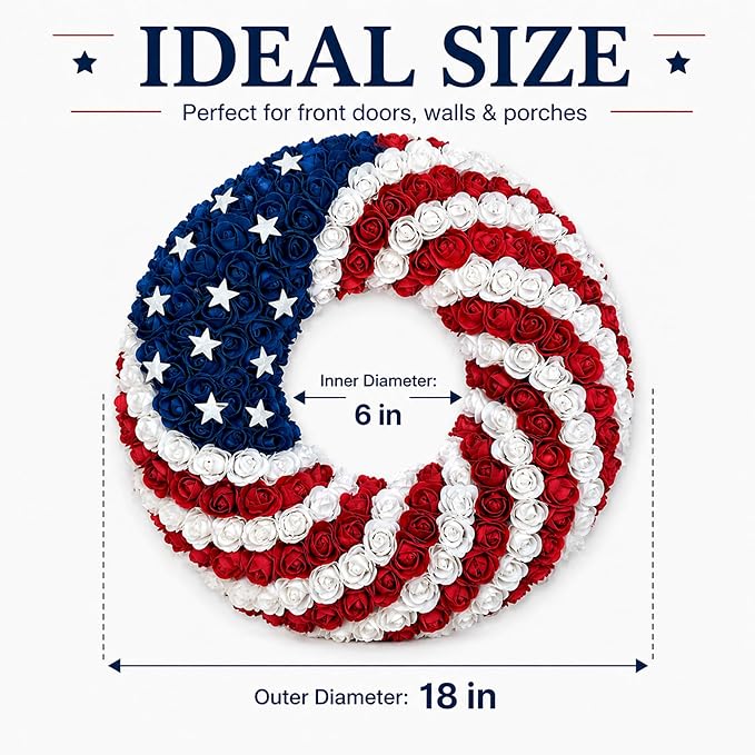 2 Pcs 18 Inch Patriotic Wreath for Front Door 4th of July Wreath Red White Blue Rose Front Door Decor Independence Memorial Artificial Rose Wreaths for 250th Anniversary Porch Wall Indoor Outdoor