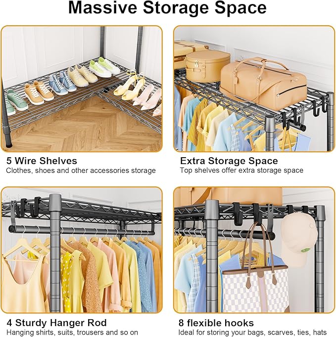 E15 Pro Garment Rack L Shaped Clothes Rack for Corner，Freestanding Clothing Racks for Hanging Clothes，Heavy Duty Closet System with 4 Hanging Rods & 8 S Hooks，48.8"W x 15.8"D x 78.4"H，Grey