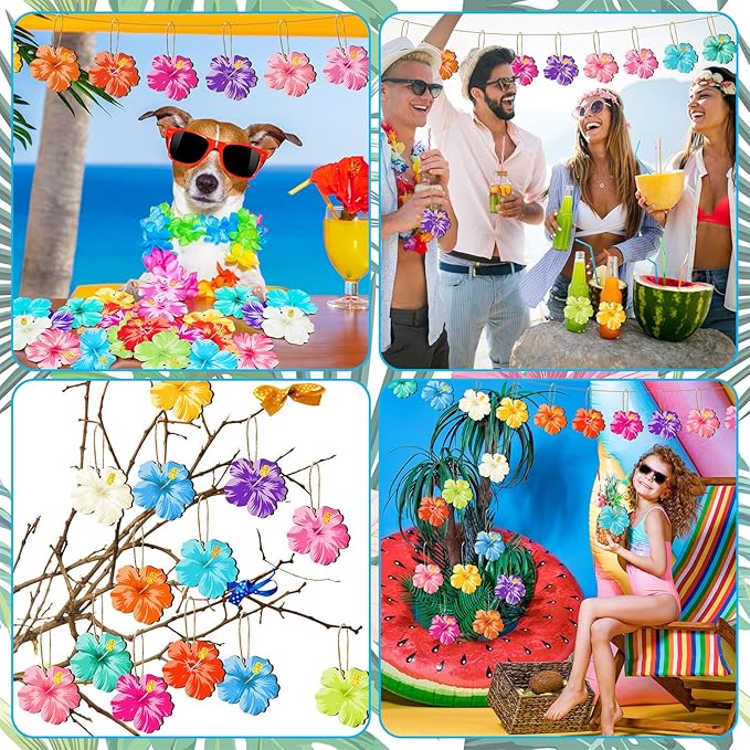 Maitys 36 Pcs Spring Flower Ornaments for Tree Hawaiian Wooden Flower Decorate Wooden Hibiscus Daisy Hanging Decor for Birthday Wedding Baby Shower Themed Summer Holiday Party Decoration(Hibiscus)