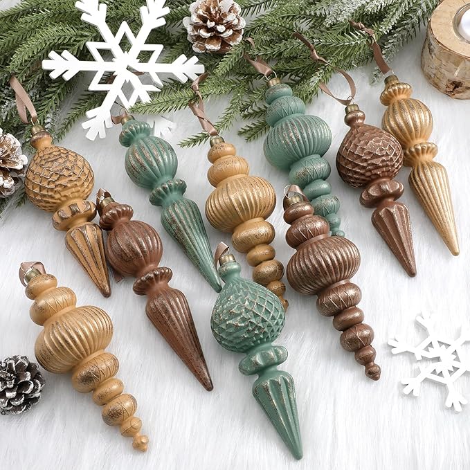 Yunlly 18 Pcs Neutral Christmas Ornaments Textured Christmas Tree Decor with Hanging Loop Matte Shatterproof Hanging Finial Ornaments Home Decor for Xmas Vintage Rustic Farmhouse (Nostalgic Color)
