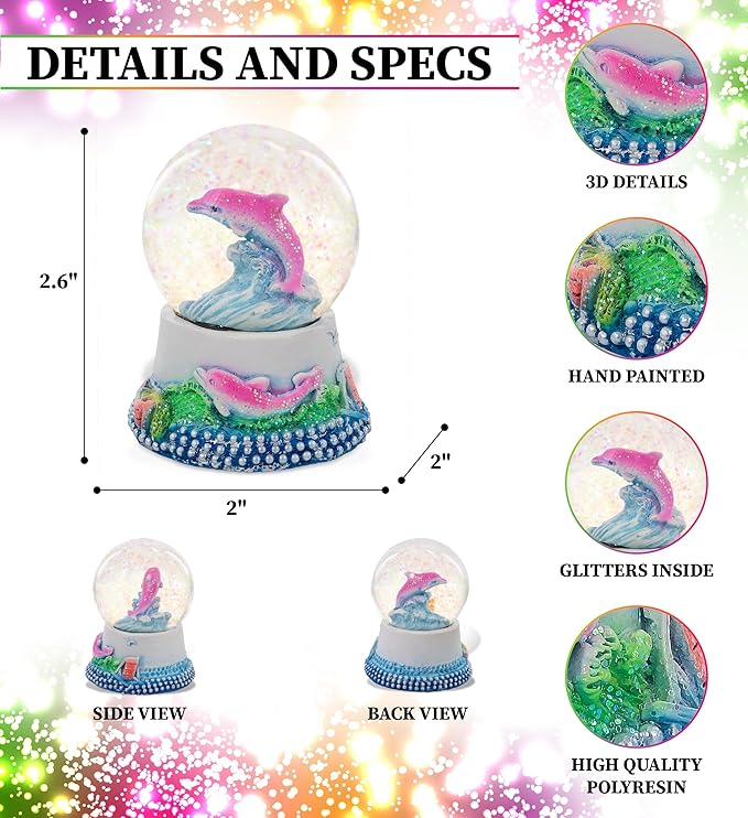 CoTa Global Dolphin Neon Snow Globe Decor - Elegant Pink Sparkle Glitter Inside The Snow Globe Figure, Animal Figurines for Kids and Adults, Collectible Snow Globes for Birthday, Christmas - 45 mm