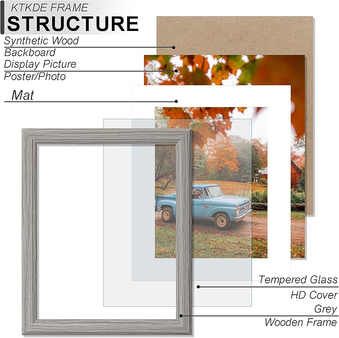 KTKDE 12x15 Picture Frame,Display Pictures 9 x12 with Mat or 12x15 Without, Tempered Glass,15 by 12 Gray Wooden Frame Wall Gallery Poster Frame best gift