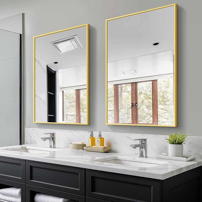 TRAHOME Bathroom Vanity Mirror for Wall, 2 Pack 36" x 24" Metal Framed Rectangular Bathroom Wall Mirror for Over Sink, HD Shatterproof Glass, Hangs Horizontally or Vertically(Gold)