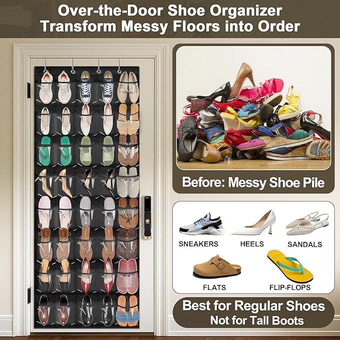 Over the Door Shoe Organizer with 40 Clear PVC Pockets – Waterproof Hanging Shoe Holder for Closet & Bathroom – Space-Saving Door Shoe Rack for Shoes, Toys, Toiletries & Snacks(Black)