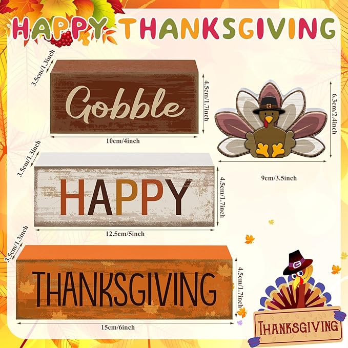 Lineshading 4 Pcs Fall Decorations for Home Wooden Turkey Decor Thanksgiving Table Centerpiece Fall Tiered Tray Decor Rustic Wooden Turkey Block Sign for Autumn Harvest Party Table Kitchen Shelf