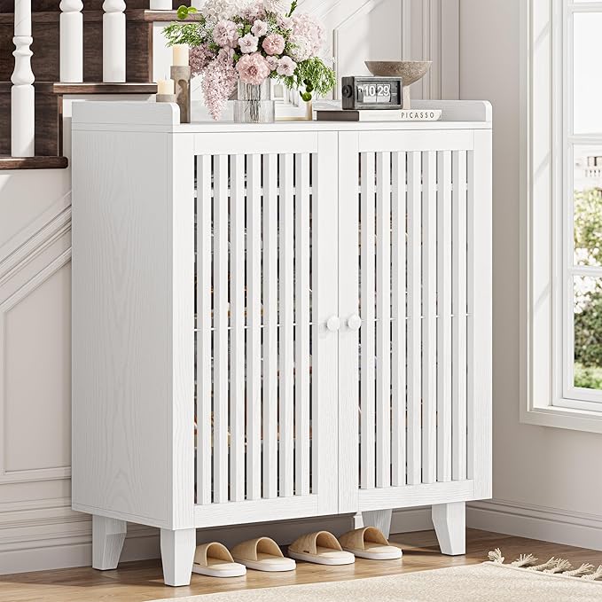 IRONCK Shoe Cabinet with Slatted Doors, 6-Tier Shoe Storage Cabinet with Adjustable Shelves, Wooden Shoe Rack Organizer for Entryway, Hallway, Closet, Living Room, White