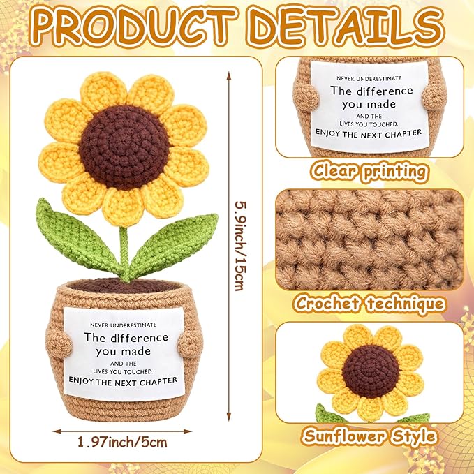 Wavwavw Coworker Leaving Gifts for Women Men, Positive Flower Doll Crochet with Card Funny Farewell Going Away Goodbye Gifts for Coworkers Employee Teacher Friends Retirement(Stylish Style)