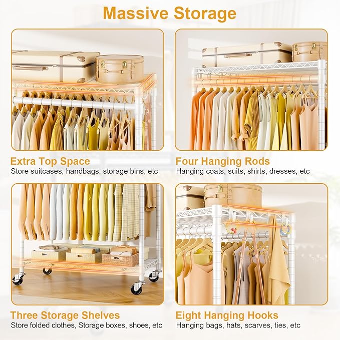 P5 Rolling Clothes Rack Heavy Duty, Clothing Racks for Hanging Clothes, Metal Garment Rack with Wheels, 3-Tier Portable Closet Rack 39.4'' W × 20.5'' D × 80.5'' H, Max Load 650 Lbs, White