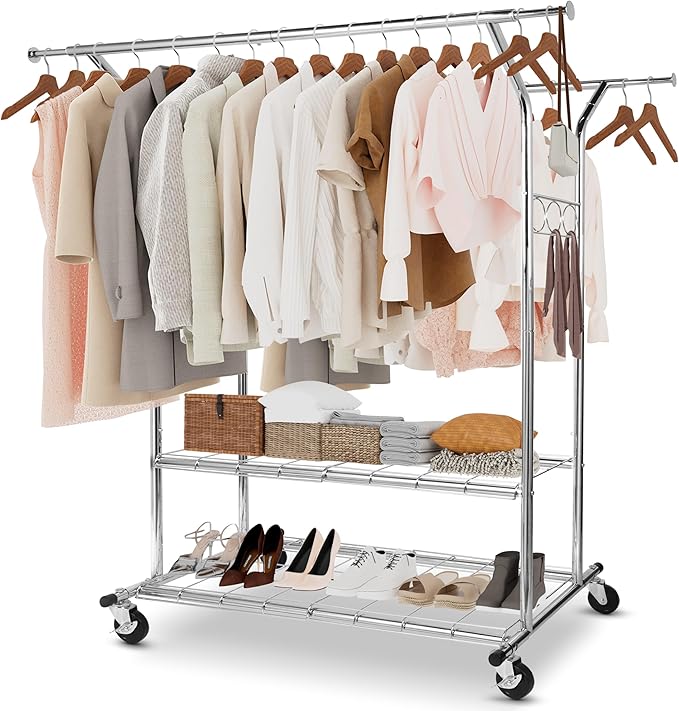 Whitmor Heavy Duty Adjustable Garment Rack-Rolling Clothes Organizer, Black and Chrome