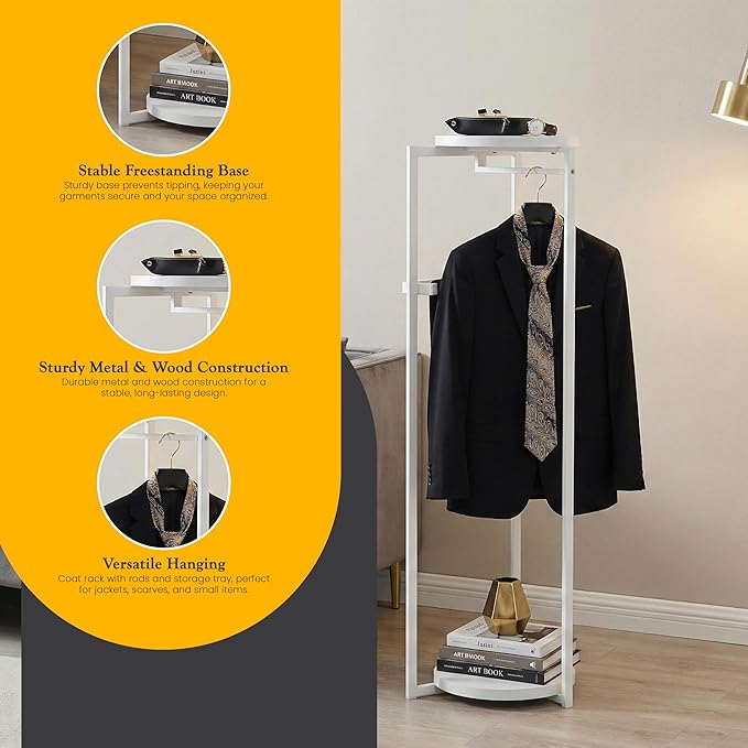 Kings Brand Furniture Suit Valet Stand, Coat Rack with Rods & Storage Trays - Tie Jacket Hanger, Freestanding Clothing Organizer Perfect for Bedrooms & Entryways, White