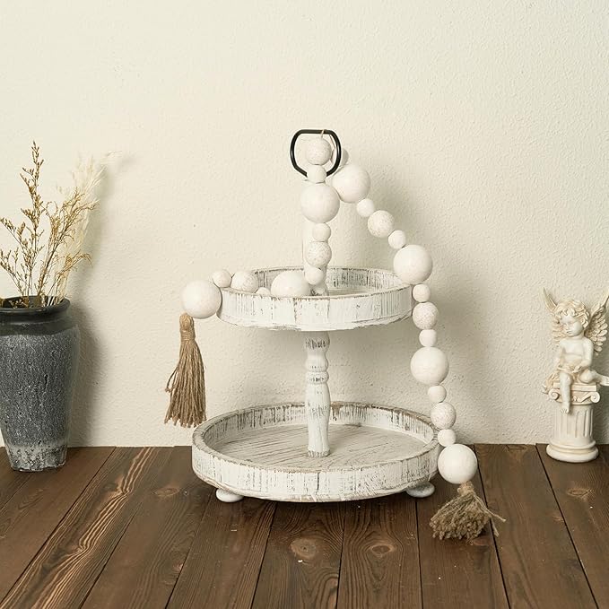 2" Extra Large Wood Bead Garland with Tassels, 50" Long Rustic Farmhouse Wooden Beads Garland, Decorative Beads Boho Decorations for Home Table Mantle White
