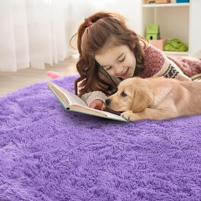 OLANLY Purple Round Rugs for Bedroom - Machine Washable, 2 ft Circle Area Rugs for Living Room, Soft and Fluffy Shaggy Carpet for Teen Girls and Boys, Nursery Rooms, Dorms, Home Decor Aesthetic