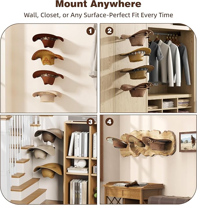 2-Pack Metal Hat Rack for Wall Mount – Space-Saving Cowboy Hat Holder & DIY Wall Display Hanger – Compact Hat Organizer with Screws, Black (No wooden board)