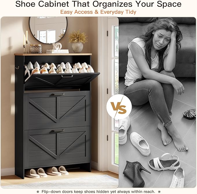Nicetree Barn Door Shoe Cabinet for Entryway - Modern Farmhouse Shoe Storage Cabinet with 3 Flip Drawers - Slim Hidden Shoe Organizer, 3-Position Adjustable Divider, Fits Size 13, Brushed Black