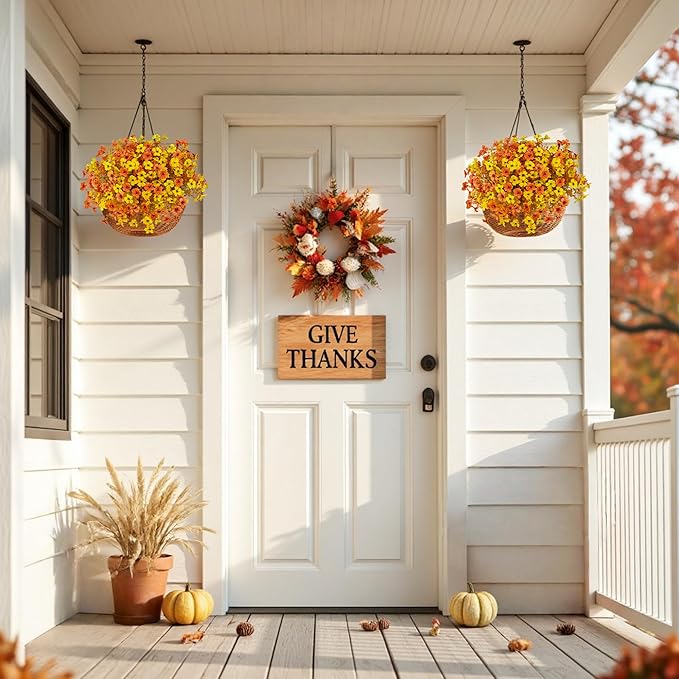 Artificial Fall Flowers for Outdoor Decoration,16 Bundles Faux Silk Colorful Flowers for Outside,UV Resistant Fake Flowers Plants for Front Door Patio Porch Yard Balcony Autumn Decor(F Orange Yellow)
