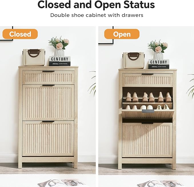 2 Flip Drawers Shoe Cabinet Storage for Entryway, Narrow Shoes Organizer Cabinet for Front Door Entrance, Hidden Wooden Hallway Shoe Rack(Oak)