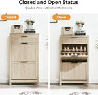 2 Flip Drawers Shoe Cabinet Storage for Entryway, Narrow Shoes Organizer Cabinet for Front Door Entrance, Hidden Wooden Hallway Shoe Rack(Oak)