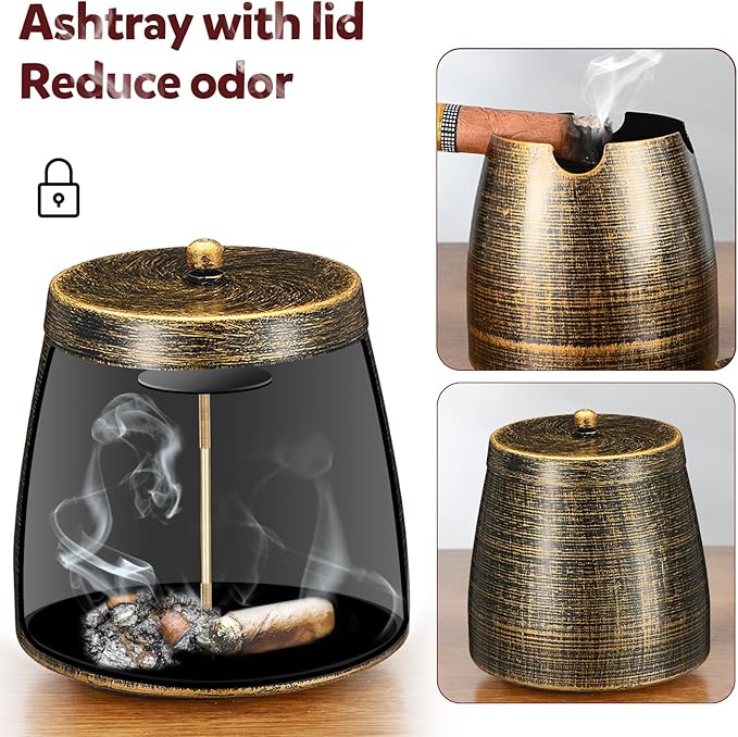Cigar Ashtray with Lid for Outdoors Outside Patio Home Retro Decor,Large Holder Ashtray Windproof,Cigar Accessories Gifts for Men Dad Husband Boyfriend (X-Large)