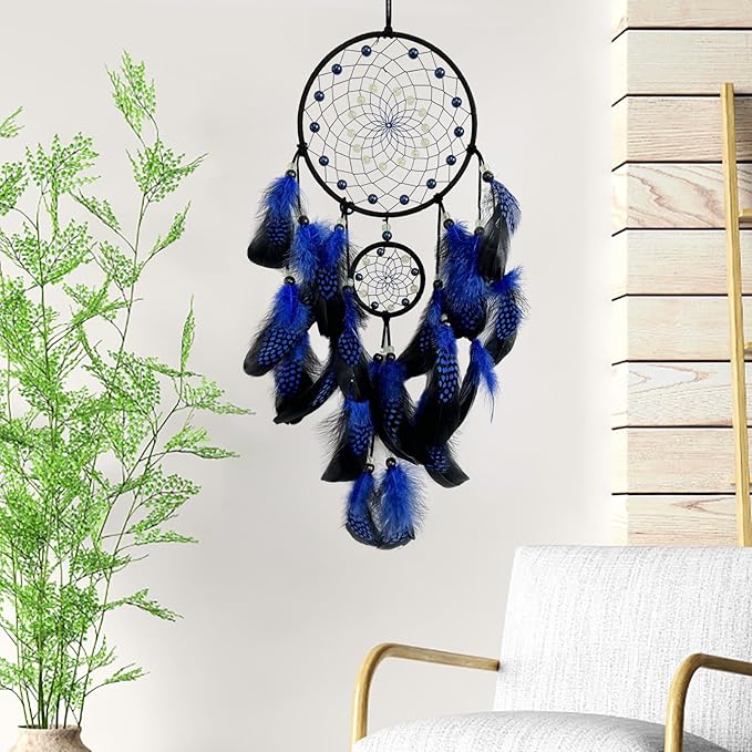 Blue and Black Dream Catcher Wall Decor Feather Dream Catchers with Luminous Bead Handmade Dreamcatcher Wall Hanging Ornament for Bedroom Living Room Home Decor