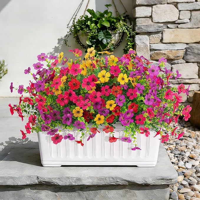 12 Bundles Artificial Flowers,Faux Plants for Spring Summer Decoration, UV Resistant Colorful Violets Eucalyptus for Outside Home Planter Porch Patio Yard Decor