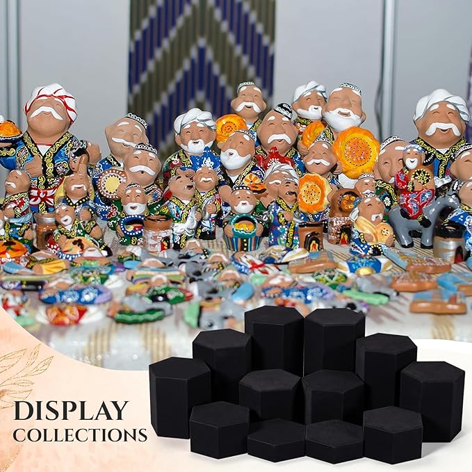 Sintuff 12 Pcs Black Velour Covered Tiered Hexagonal Jewelry Display Risers Wooden Hexagonal Market Display Risers Stands for Model Figures Decoration