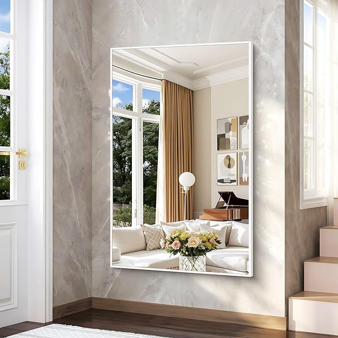BONEWEI White Bathroom Mirror,60x40 inch Wall Mirror for Bathroom Wall Mounted,Large Rectangle Mirror for Bathroom Over Sink,Modern Metal Frame for Living Room,Bedroom Entryway,Horizontal/Vertical