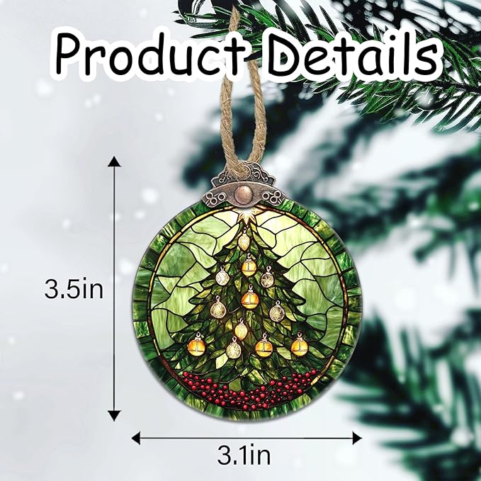 DASTOLL Stained Glass Christmas Decorations, Golden Bell Red Berries Suncatcher for Window Christmas Tree Hanging Ornaments Green Sun Catcher Xmas Decor Gifts for Women Men Mom Nana Friend