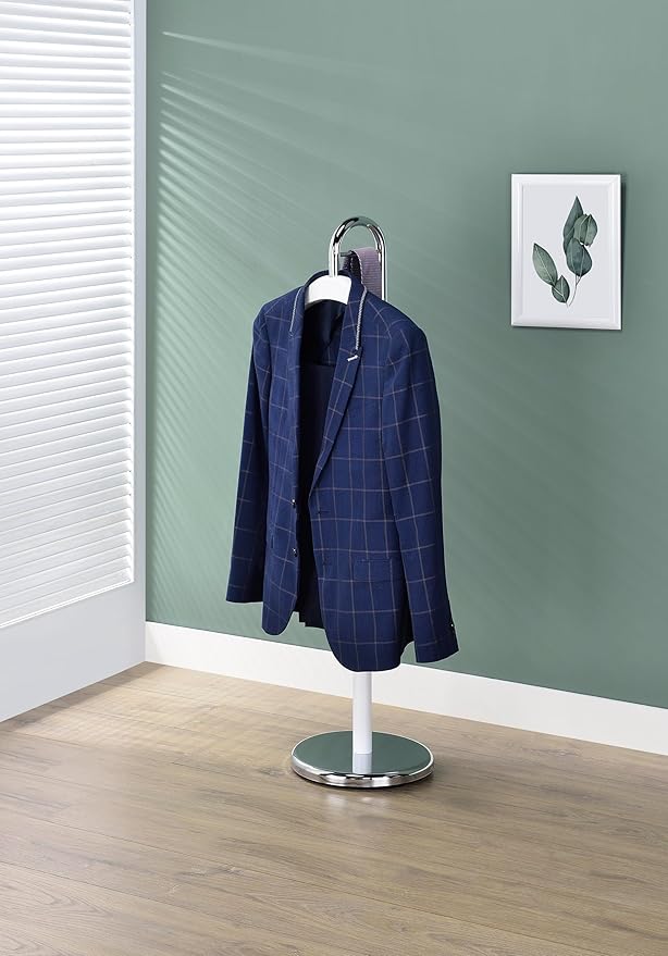 Proman Proudcts Amber Freestanding Valet Stand Coat Rack Organizer for Men and Women with Hanger, Trouser Bar, White