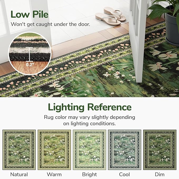 Lessymo Dark Green Floral Rug 8x10 for Living Room, Large Washable Soft Non-Slip Area Rugs, Boho Farmhouse Moody Aesthetic Carpet, Bedroom Dining Nursery Home Office Decor
