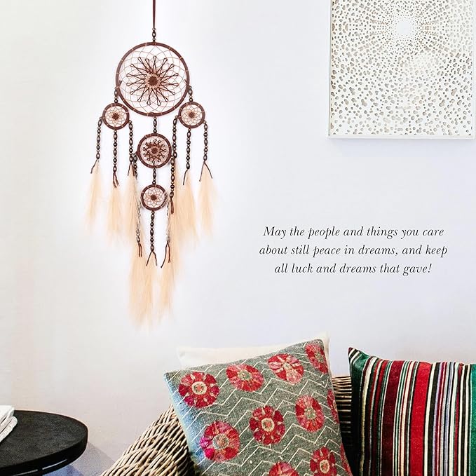 Pretty Jolly Pampas Grass Dream Catchers Wall Decor with Handmade Large Red Native Americans Witch Dreamcatcher with Wood Beads for Adults Bedroom Wedding Garden Bless Birthday Gift-5 Rings