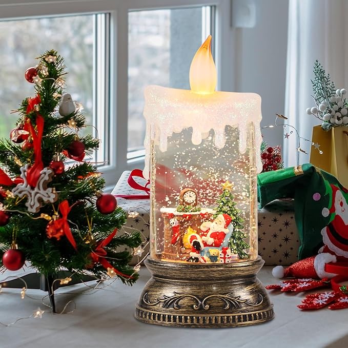 GenSwin Christmas Snow Globes with Music USB Rechargable Cable and Timer, Christmas Lantern Decorations Indoor, 1 Pcs Christmas Music Box with Red Santa and Fireplace for Winter Decor