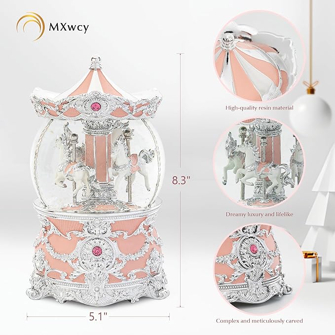 Carousel Music Box Silver & Pink Christmas Snow Globes, 8.3" Rotate Carousel Snow Globe for Kids & Adults, Classic Wind up Musical Snow Globe Valentines Day Gifts for Women Girls Carousel Horse Decor
