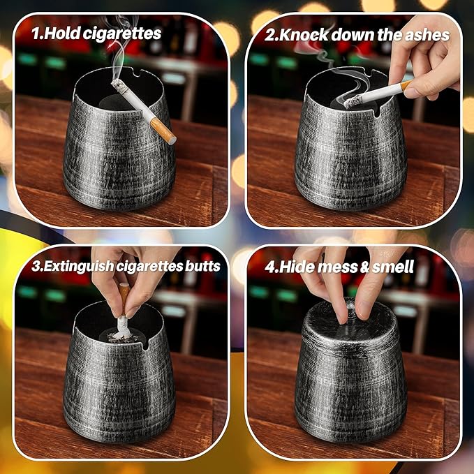 Ashtray for Cigarettes Outdoor, Outdoor Ashtray with Lid for Cigarette, Metal Odorless Windproof Smokeless Ash Tray for Patio Home Office Tabletop Balcony