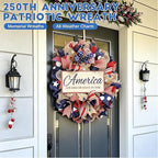 250th Anniversary Patriotic Wreath, 1776-2026 American Independence Day Wreath,16 in Red White Blue Front Door Wreath, Indoor Outdoor Home Decor for 4th of July, Memorial Day, Veterans Day (New)