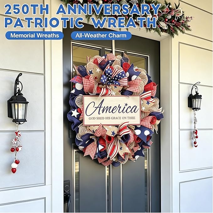 250th Anniversary Patriotic Wreath, 1776-2026 American Independence Day Wreath,16 in Red White Blue Front Door Wreath, Indoor Outdoor Home Decor for 4th of July, Memorial Day, Veterans Day (New)