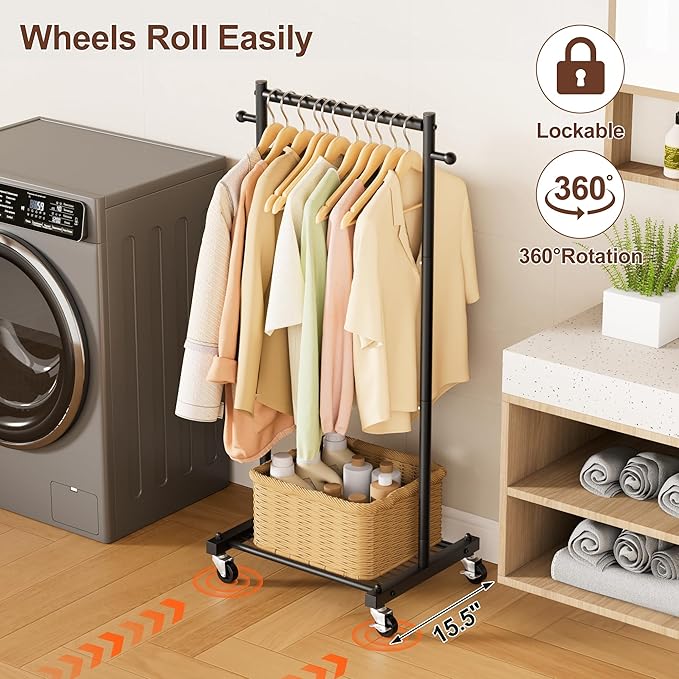 MISSLO Small Clothing Racks for Hanging Clothes 45" Short Clothes Rack with Shelves Metal Rolling Garment Rack with Wheels for Small Space, Closet, Wardrobe, Adults & Kids, Black