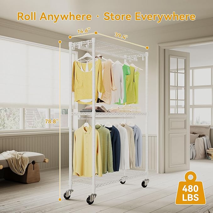 Rolling Garment Rack with Wheels, Heavy Duty Clothing Rack for Hanging Clothes, Load 480 LBS Metal Closet Rack Double Hanging Rods Portable Closet for Bedroom Storage, H2 Plus, White