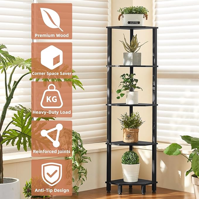 YUFAM 5-Tier Corner Shelf with Sturdy 5-Leg Base, Wooden Corner Bookshelf for Small Spaces, Corner Standing Shelf for Living Room, Bedroom, Office, Black