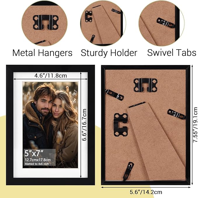 Rempry 5x7 Picture Frame, Display Pictures 4x6 with Mat or 5x7 Without Mat, Wall Hanging or Tabletop Photo Frame with Shatter Resistant Plexiglass, Black, 1 Pack