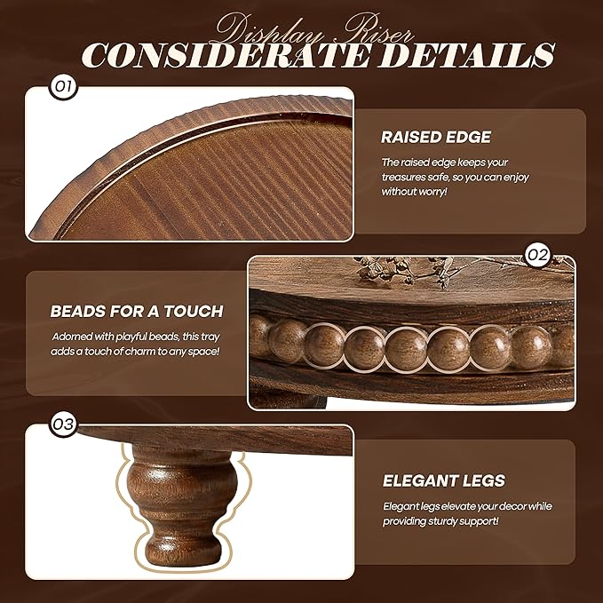 EOSAHR Pine Round Wood Riser for Room Decor - Beaded Pedestal Tray for Perfume Tray, and Bathroom Tray-Ideal Farmhouse Boho Kitchen Counter Decor for Apartment Essentials(Vintage Brown)