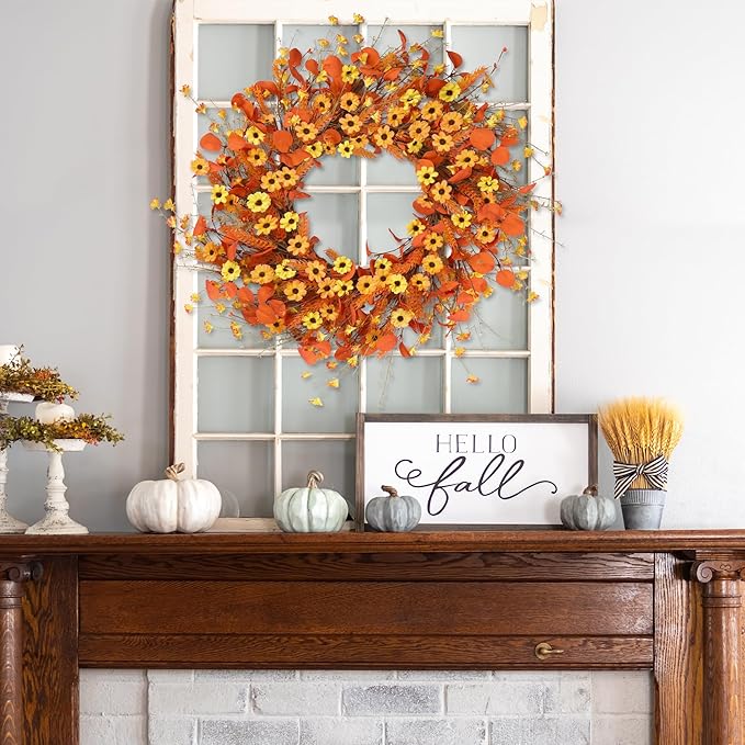Sggvecsy Fall Wreath 24'' Autumn Harvest Daisy Wreath with Orange Eucalyptus Foam Leaves Grain Daisies Berries for Outside Indoor Home Wall Festival Thanksgiving Decor