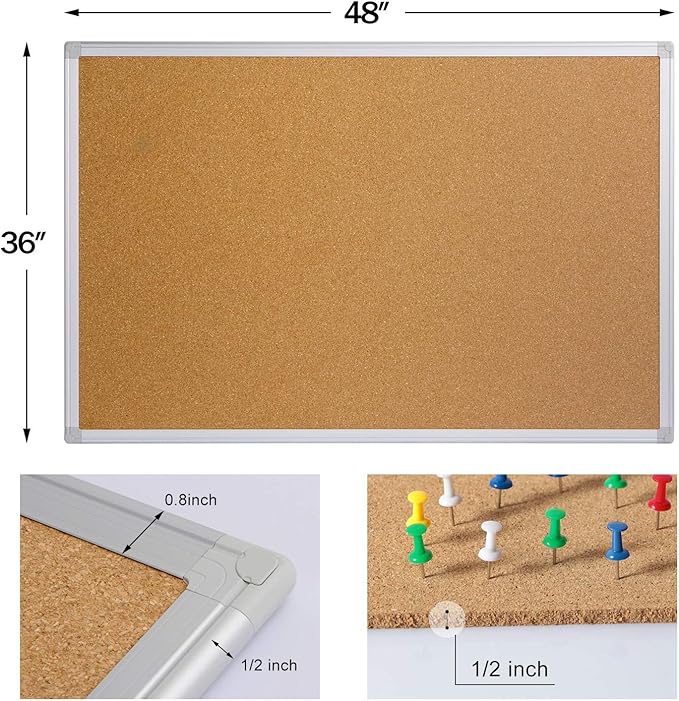 2 Pack Cork Board Bulletin Board 36 x 48, Silver Aluminium Framed 4x3 Corkboard, Office Board for Wall Cork, Large Wall Mounted Notice Pin Board