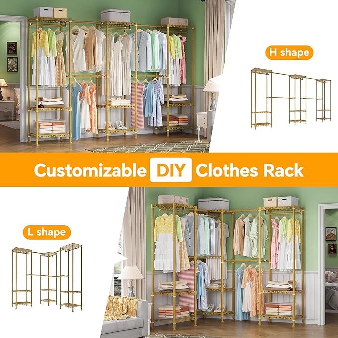 Large Clothes Rack, Clothing Rack for Hanging Clothes, Heavy Duty Garment Rack, Freestanding Wardrobe Closet with Extendable Hanger Rods, Width from 7.8 to 10.8 ft, H11 Gold