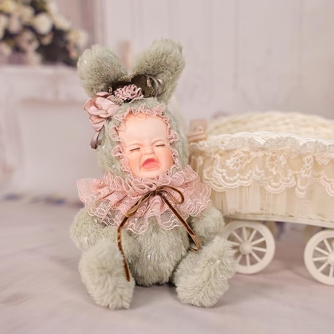 8 Inch Rabbit Hand-Painted Porcelain Face Doll with Plush ＆ Acrylic Cotton Body, Mini Kawaii High-Color Makeup Ceramic Doll for Room Decor, Birthday Gifts, Collectible，Name Jade