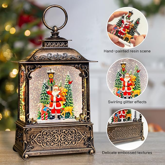 Christmas Snow Globes Lantern with Music, Santa Claus Scene Snow Globes with Water Swirling Glitter Effects, USB/Battery Powered with 6-Hour Timer, Christmas Decorations Gift