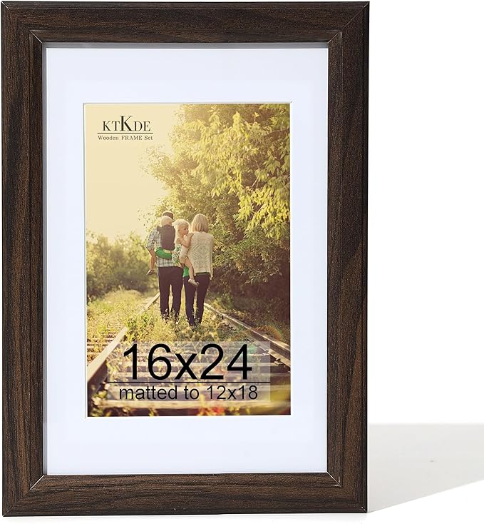 KTKDE 16x24 Picture Frame,Poster Frame Display Pictures 12 x 18 with Mat or 16x24 Without, Tempered Glass, 24 by 16 Walnut Wooden Frame Wall Gallery Photo Frame best gift