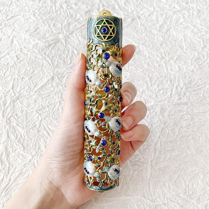Hand Painted Mezuzah, Exquisite Enamel Mezuzah with Star of David and Blue Crystal Accent