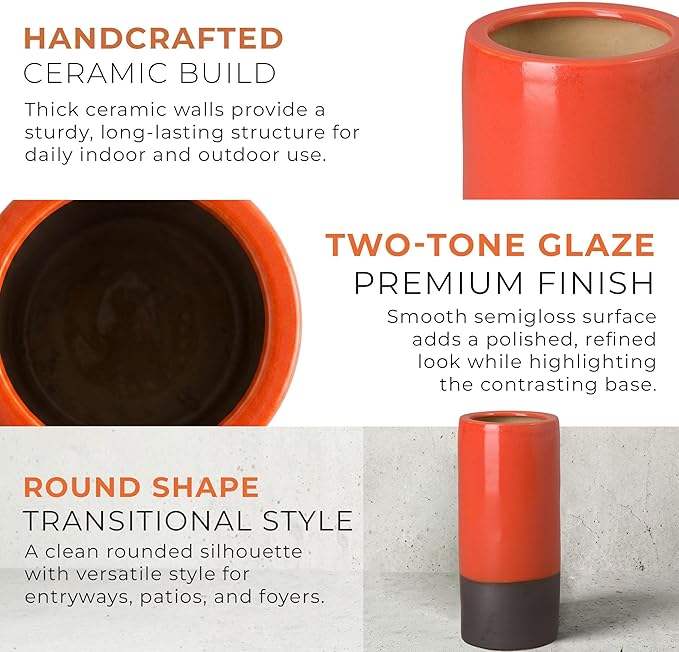 Emissary Home and Garden Two-Tone 19.5 in. H Round Ceramic Umbrella Stand in Bright Orange with High-fire Treatment