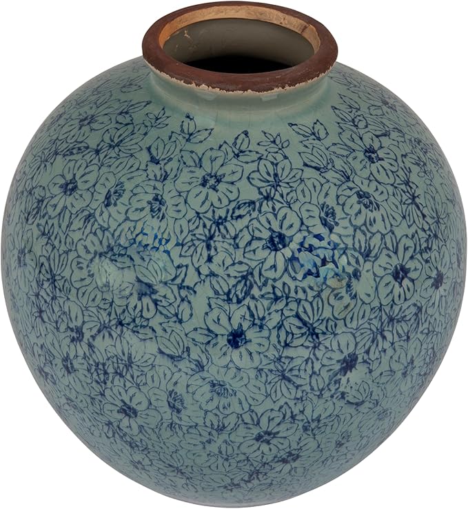 Creative Co-Op Round Decorative Terra-Cotta Vase with Transferware Pattern, Blue