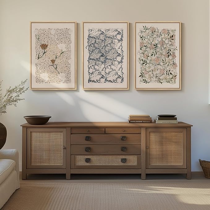 Framed Large William Morris Canvas Wall Art Set of 3, Vintage Nature Floral Artwork Prints, Boho Neutral Botanical Wall Decor for Living Room, Bedroom, Hallway and Office, Total Size 30x60